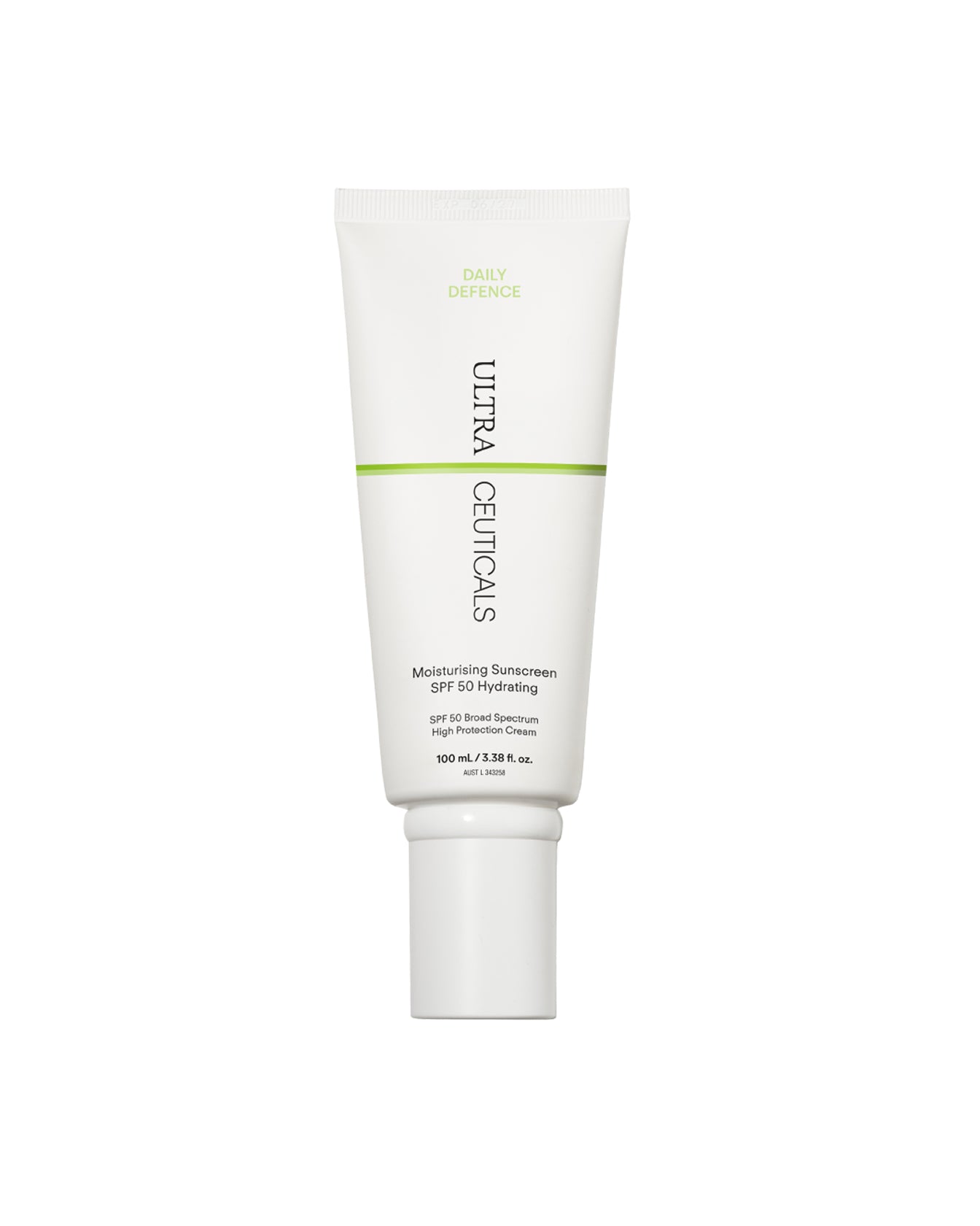 A white tube of Ultra UV Protective Daily SPF30 Hydrating, with green and black text, stands upright on a plain white background—ideal for daily use with broad-spectrum UVA/UVB sunscreen protection.