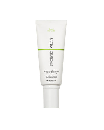 A white tube of Ultra UV Protective Daily SPF30 Hydrating, with green and black text, stands upright on a plain white background—ideal for daily use with broad-spectrum UVA/UVB sunscreen protection.