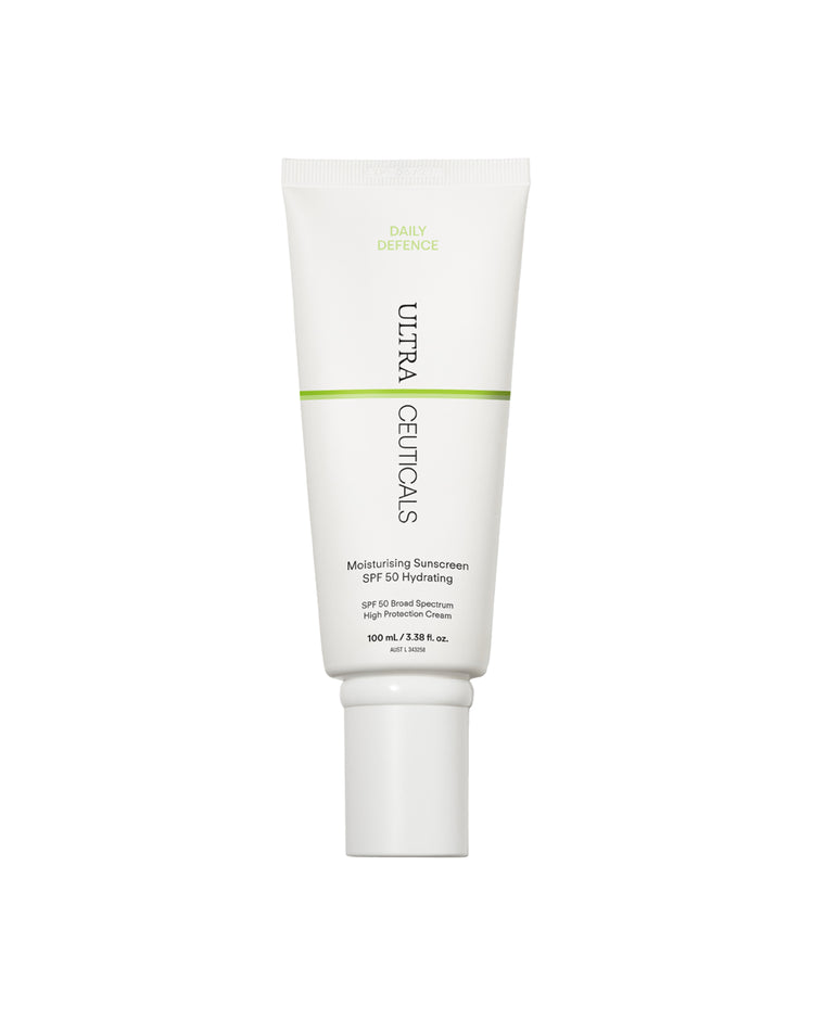 A white tube of Ultra UV Protective Daily SPF30 Hydrating, with green and black text, stands upright on a plain white background—ideal for daily use with broad-spectrum UVA/UVB sunscreen protection.