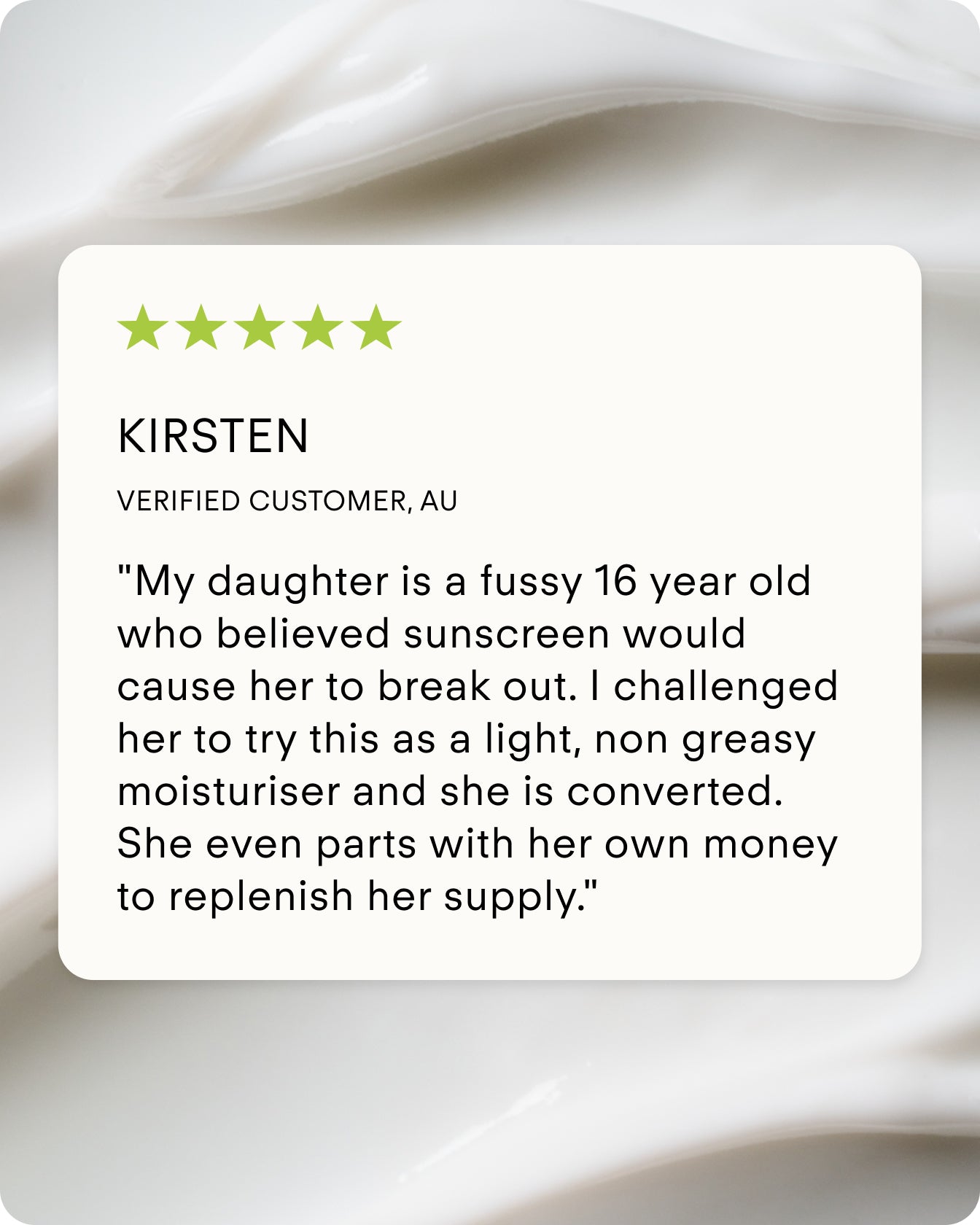 A five-star review applauds Ultra UV Protective Daily SPF30 Hydrating as a light, non-greasy moisturizer perfect for teens and daily use, shown on a white background resembling skincare cream.