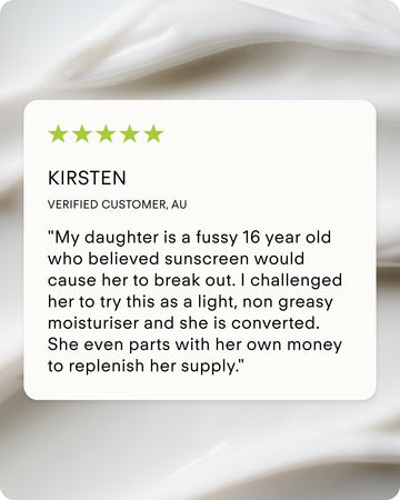 A five-star review applauds Ultra UV Protective Daily SPF30 Hydrating as a light, non-greasy moisturizer perfect for teens and daily use, shown on a white background resembling skincare cream.