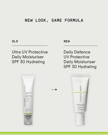 Comparison of updated skincare packaging for daily routine. Left: previous "Ultra UV Protective Daily SPF30 Hydrating". Right: new version, "Daily Defence UV Protective Daily Moisturiser SPF 30 Hydrating" with broad-spectrum protection.