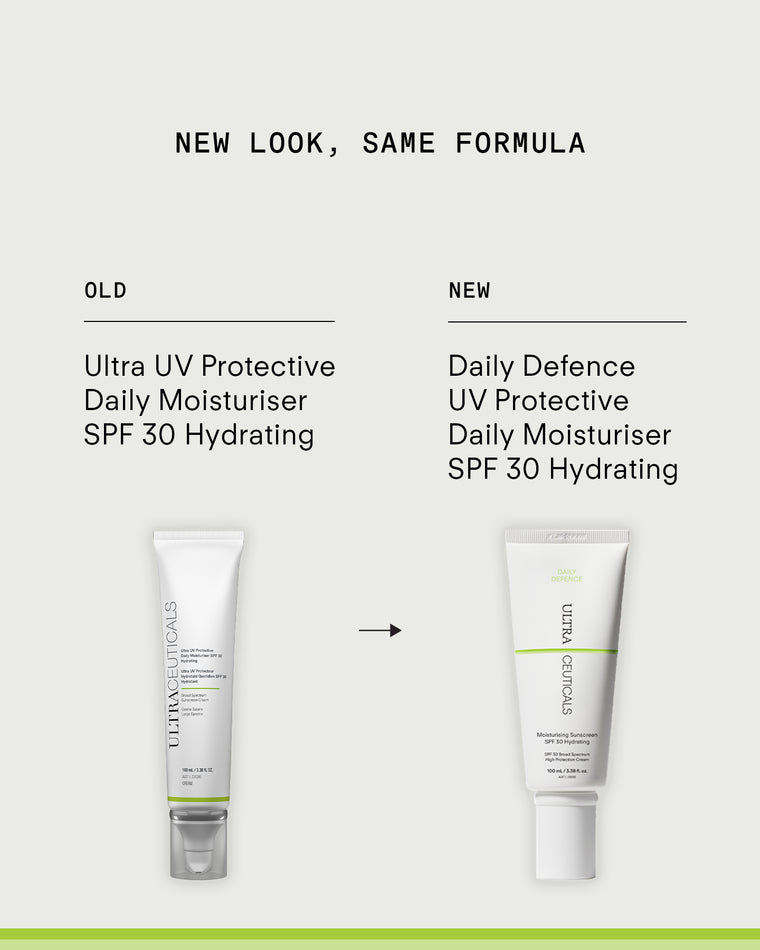 Comparison of updated skincare packaging for daily routine. Left: previous "Ultra UV Protective Daily SPF30 Hydrating". Right: new version, "Daily Defence UV Protective Daily Moisturiser SPF 30 Hydrating" with broad-spectrum protection.