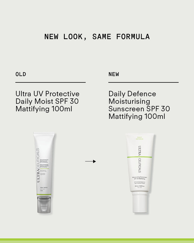 Comparison image shows the old and new Ultra UV Protective Daily Moisturiser SPF 30 Mattifying packaging: the old is tall and slim, the new is shorter with a bright green line. Text above says New Look, Same Formula—trusted UVA/UVB protection remains.