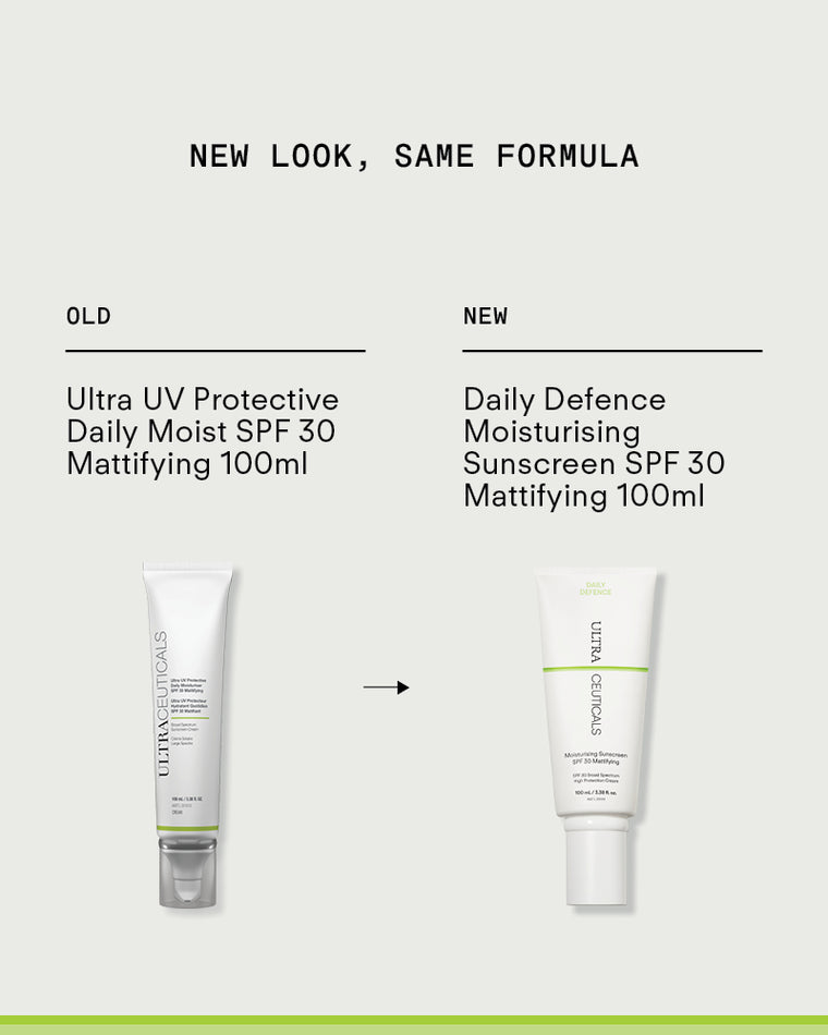 Comparison image shows the old and new Ultra UV Protective Daily Moisturiser SPF 30 Mattifying packaging: the old is tall and slim, the new is shorter with a bright green line. Text above says New Look, Same Formula—trusted UVA/UVB protection remains.