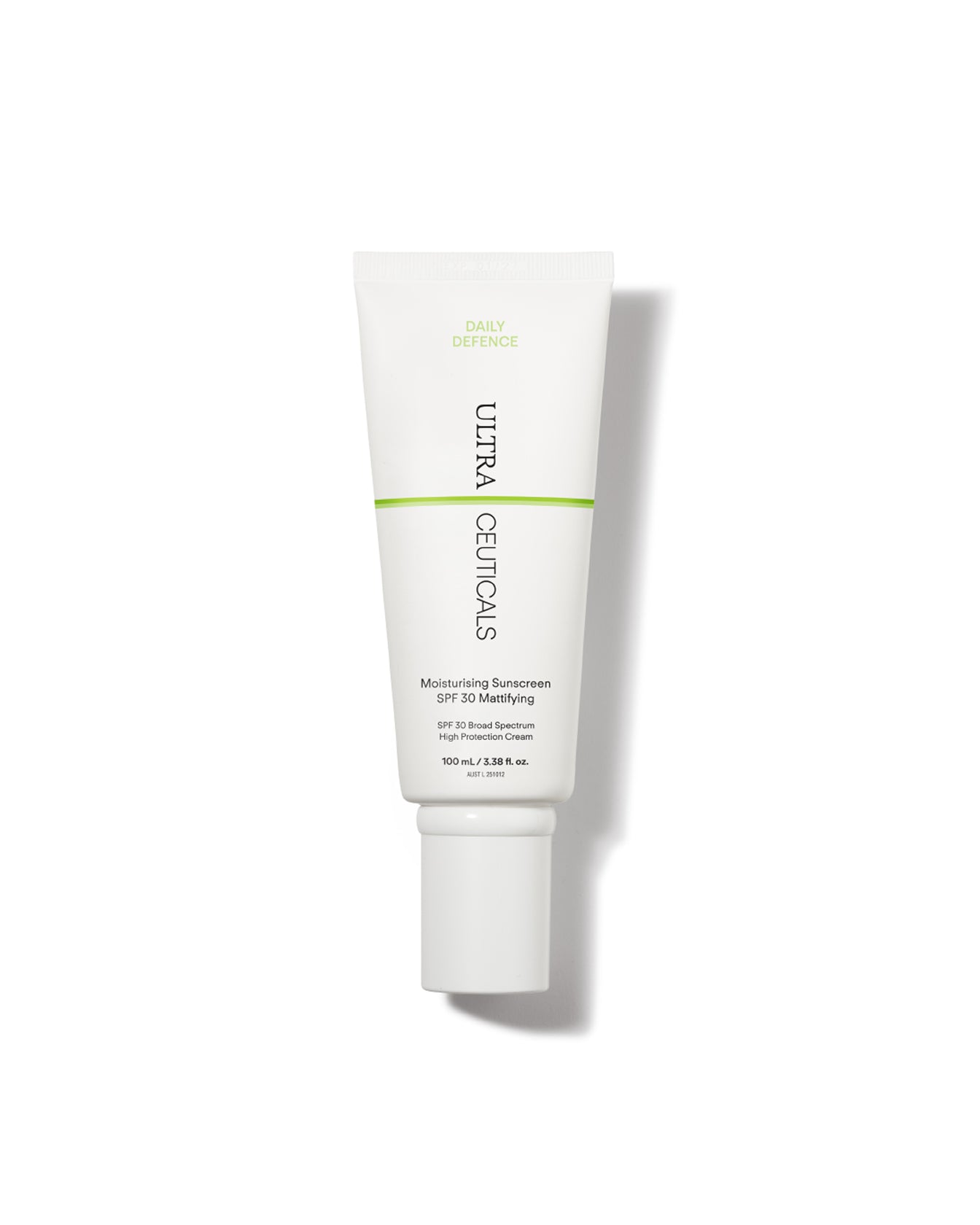 A white tube of Ultra UV Protective Daily Moisturiser SPF 30 Mattifying with green accents and black text stands upright against a plain white background, offering broad-spectrum UVA/UVB protection.