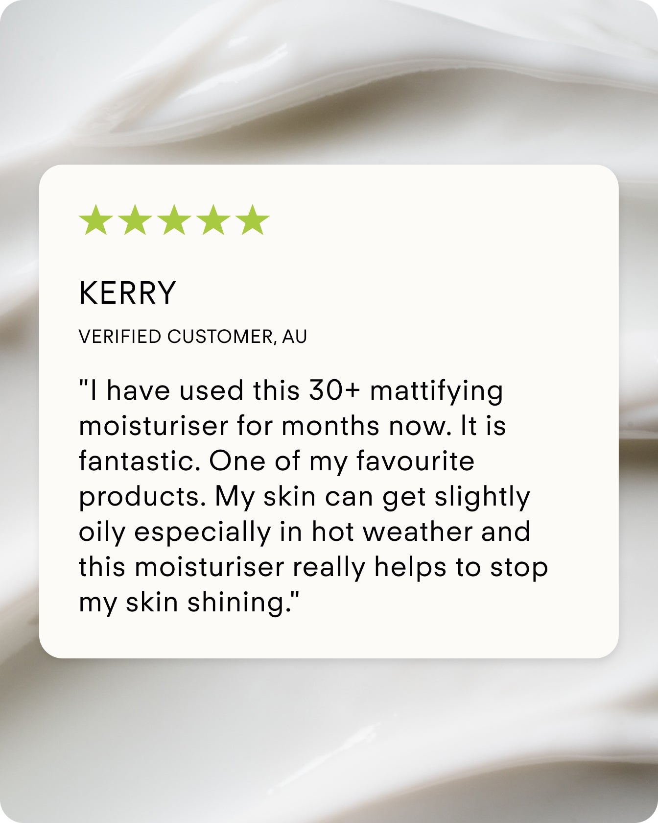 A glowing five-star review highlights Ultra UV Protective Daily Moisturiser SPF 30 Mattifying for its matte finish and oil control, set against a blurred white cream background.