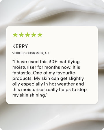 A glowing five-star review highlights Ultra UV Protective Daily Moisturiser SPF 30 Mattifying for its matte finish and oil control, set against a blurred white cream background.