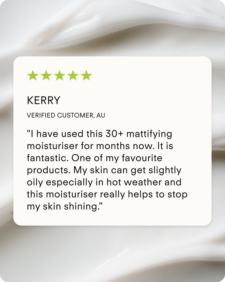 A glowing five-star review highlights Ultra UV Protective Daily Moisturiser SPF 30 Mattifying for its matte finish and oil control, set against a blurred white cream background.