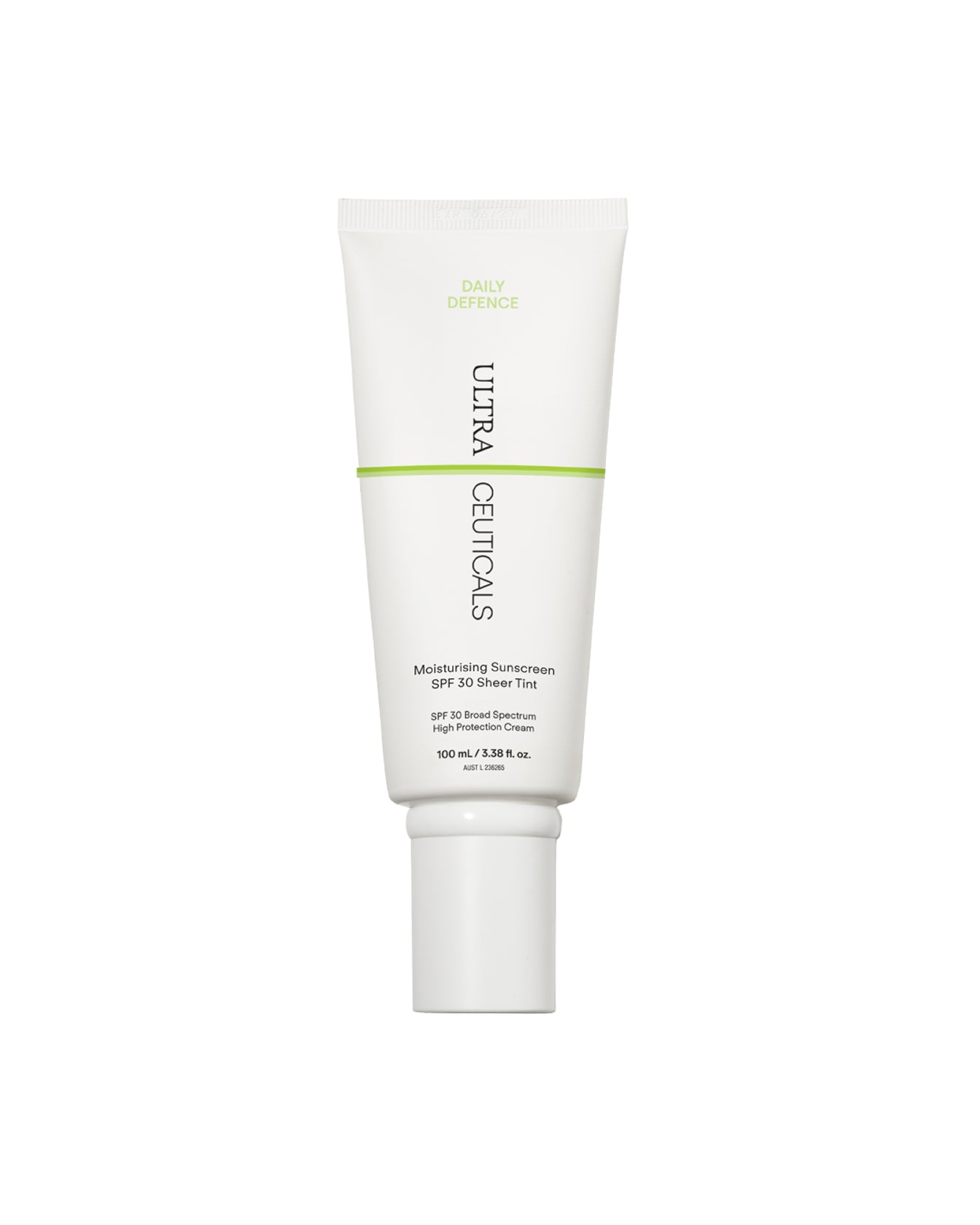 A white tube of Ultra UV Protective Daily SPF30 Sheer Tint, 100 ml, with green and black text stands upright on a white background. This broad-spectrum sunscreen provides daily hydrating protection for the skin.