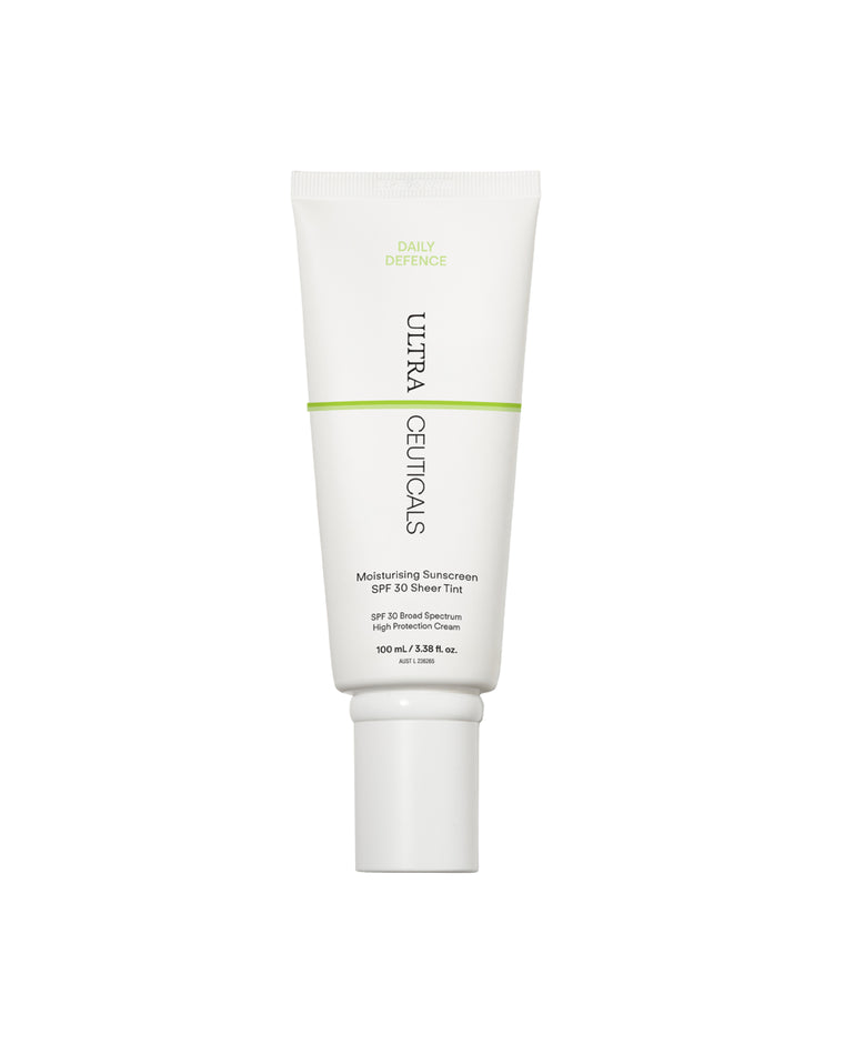 A white tube of Ultra UV Protective Daily SPF30 Sheer Tint, 100 ml, with green and black text stands upright on a white background. This broad-spectrum sunscreen provides daily hydrating protection for the skin.