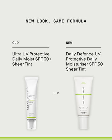 Comparison image showing the old and new packaging of Ultra UV Protective Daily SPF30 Sheer Tint, a broad-spectrum moisturizer that provides daily sunscreen protection with hydrating benefits.