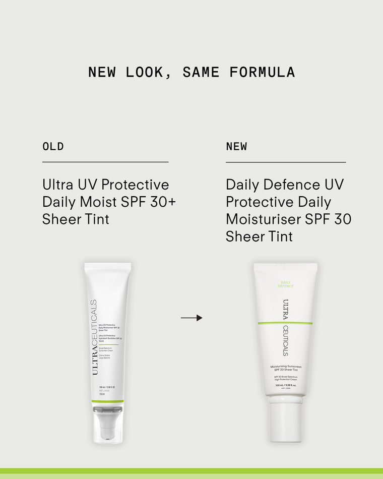 Comparison image showing the old and new packaging of Ultra UV Protective Daily SPF30 Sheer Tint, a broad-spectrum moisturizer that provides daily sunscreen protection with hydrating benefits.