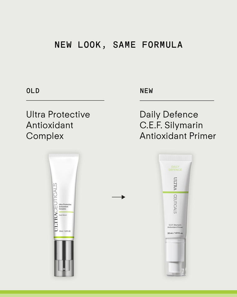 Side-by-side comparison: on the left, Ultra Protective Antioxidant Complex with its original packaging; on the right, new Daily Defence C.E.F. Silymarin Antioxidant Primer for better skin protection from environmental stressors.