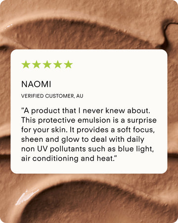 A customer review card with five green stars features Naomi from Australia praising the Ultra Protective Antioxidant Complex for boosting skin resilience, set over a creamy, light brown skincare product background.