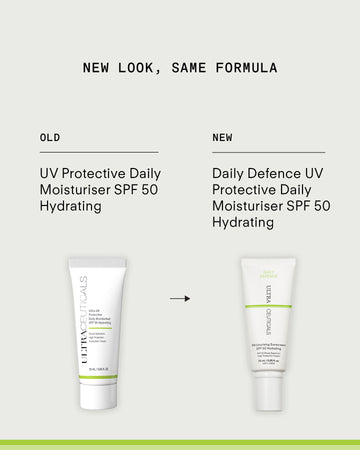 Comparison of old and new packaging for Daily Defence Moisturising Sunscreen SPF 50 Hydrating Mini. Both tubes are shown side by side with labels—new look, same hydrating formula and SPF 50 broad-spectrum UVA/UVB protection.