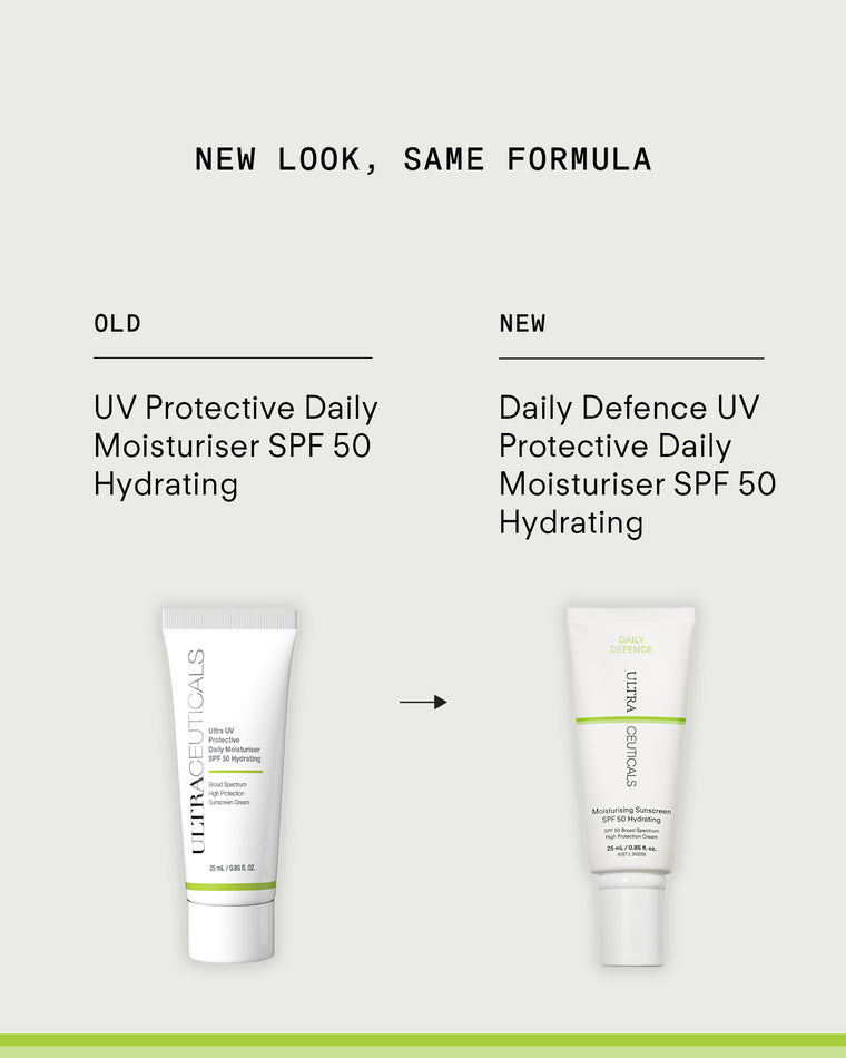 Comparison of old and new packaging for Daily Defence Moisturising Sunscreen SPF 50 Hydrating Mini. Both tubes are shown side by side with labels—new look, same hydrating formula and SPF 50 broad-spectrum UVA/UVB protection.