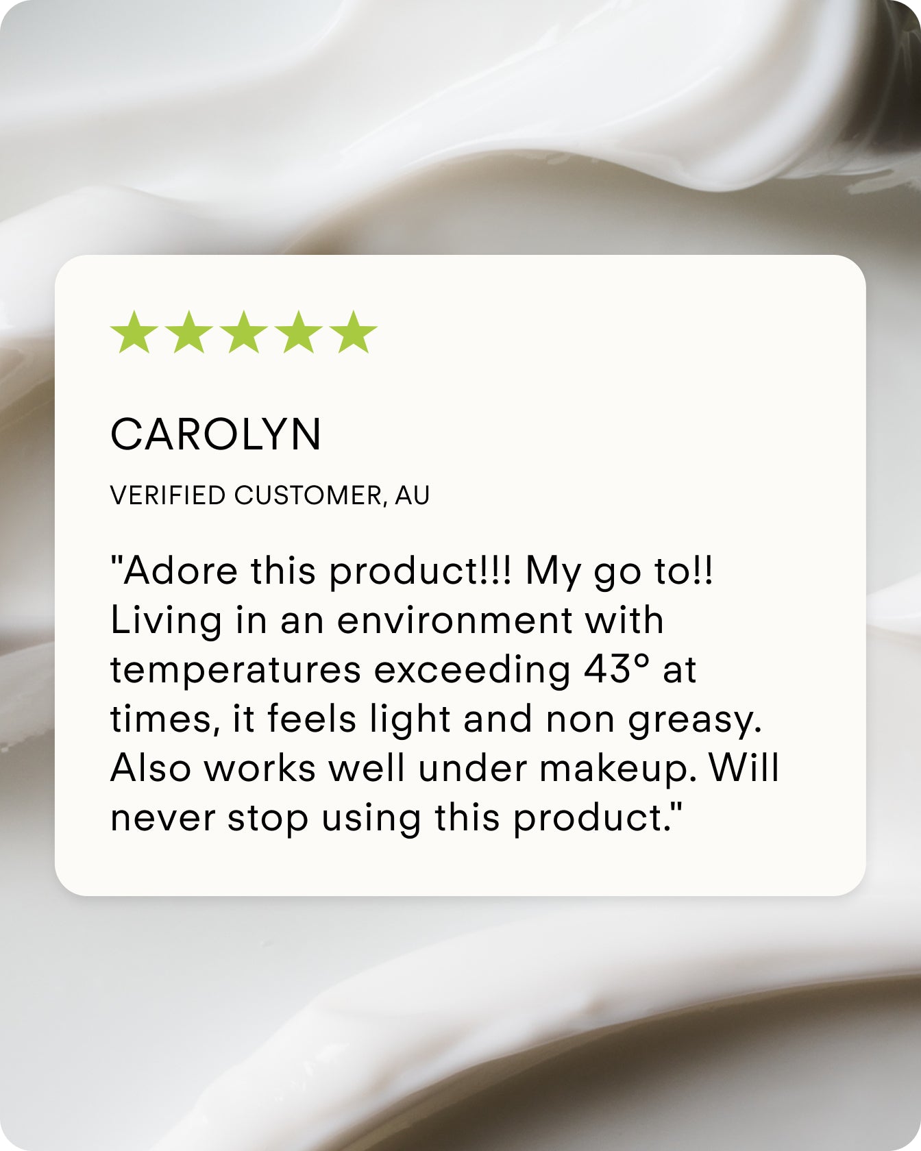 A five-star customer review praises the Daily Defence Moisturising Sunscreen SPF 50 Hydrating Mini for being light, non-greasy, and effective in hot climates, shown over a creamy white textured background.