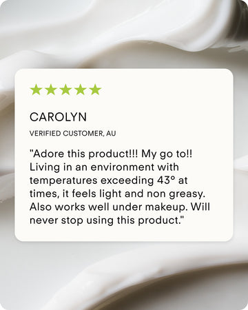 A five-star customer review praises the Daily Defence Moisturising Sunscreen SPF 50 Hydrating Mini for being light, non-greasy, and effective in hot climates, shown over a creamy white textured background.