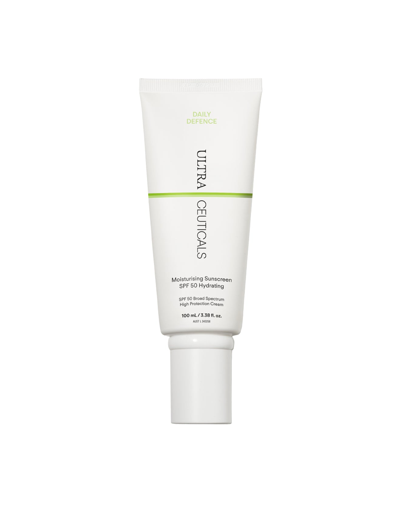 A white tube of Ultra UV Protective Daily SPF50 Hydrating with green accents and black text stands upright on a plain white background.
