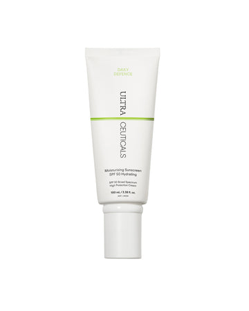A white tube of Ultra UV Protective Daily SPF50 Hydrating with green accents and black text stands upright on a plain white background.