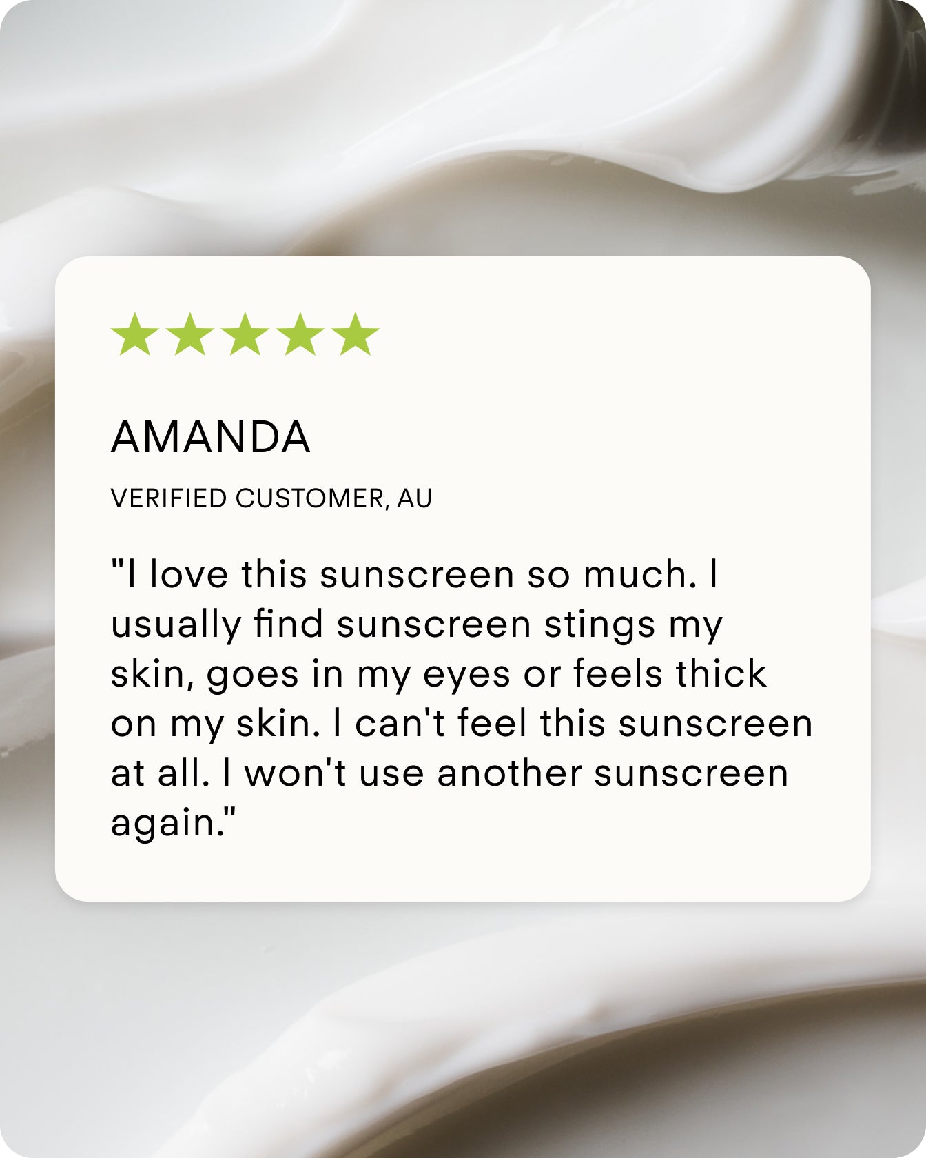 A customer review appears over a creamy lotion background. Amanda from Australia gives five stars, praising Ultra UV Protective Daily SPF50 Hydrating for its gentle, non-irritating formula—she won’t use any other sunscreen again.