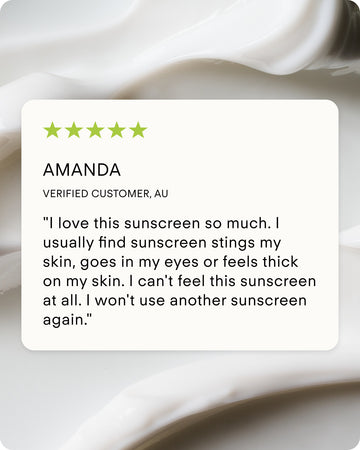 A customer review appears over a creamy lotion background. Amanda from Australia gives five stars, praising Ultra UV Protective Daily SPF50 Hydrating for its gentle, non-irritating formula—she won’t use any other sunscreen again.