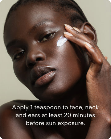 A woman with dark skin applies Ultra UV Protective Daily SPF50 Mattifying to her cheek. Text reads: Apply 1 teaspoon to face, neck, and ears at least 20 minutes before sun exposure for UVA/UVB protection.
