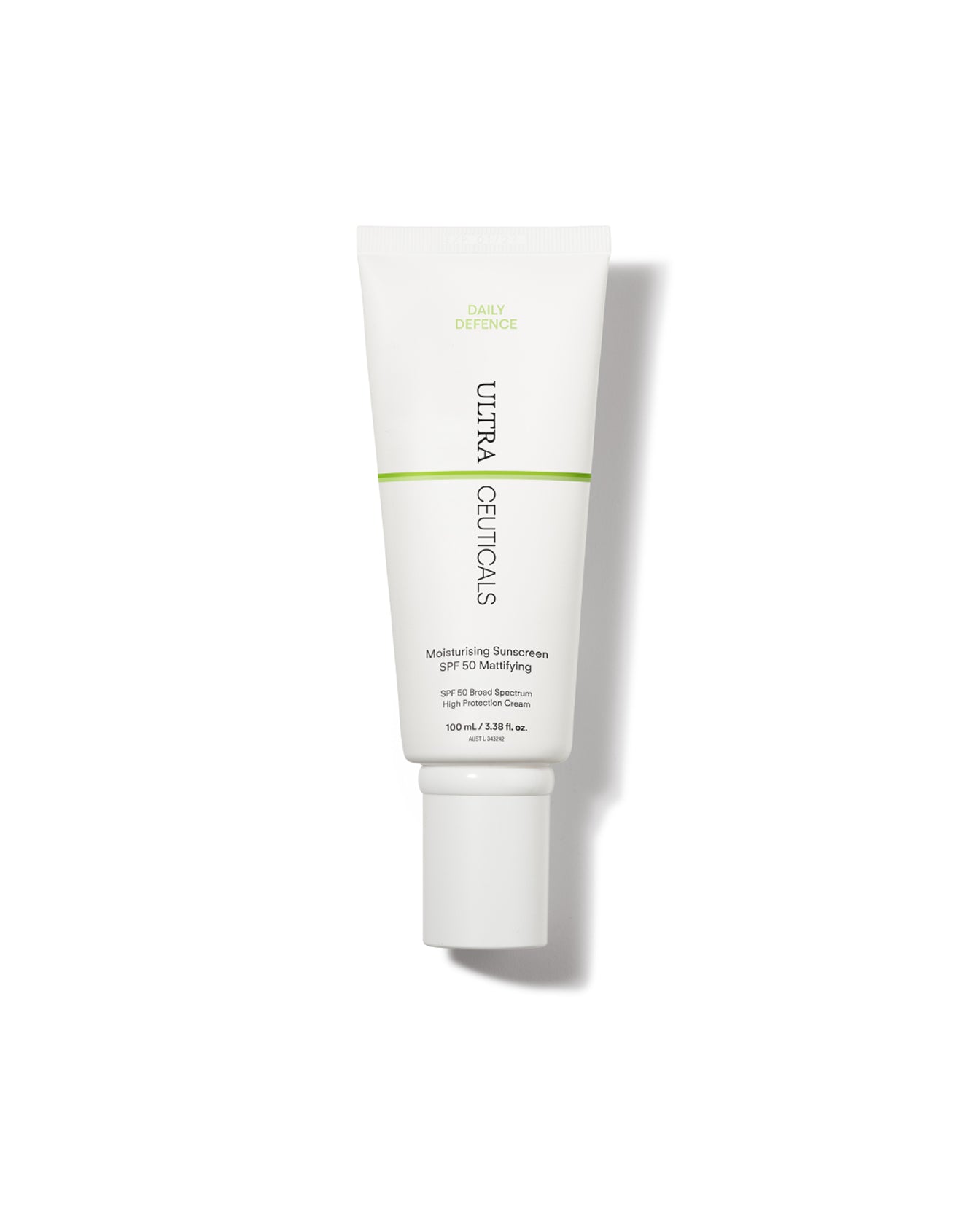 A white tube of Ultra UV Protective Daily SPF50 Mattifying, ideal for oily skin, stands upright on a white background. The packaging features green and black text and provides broad-spectrum sunscreen protection.