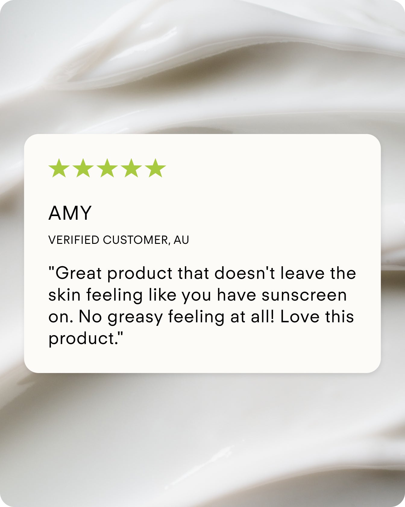 A five-star customer review praises Ultra UV Protective Daily SPF50 Mattifying for its non-greasy feel, shown on a creamy, white textured background.