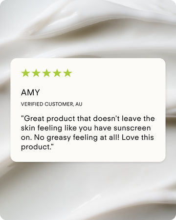 A five-star customer review praises Ultra UV Protective Daily SPF50 Mattifying for its non-greasy feel, shown on a creamy, white textured background.
