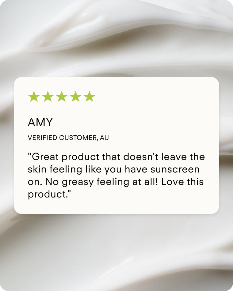 A five-star customer review praises Ultra UV Protective Daily SPF50 Mattifying for its non-greasy feel, shown on a creamy, white textured background.