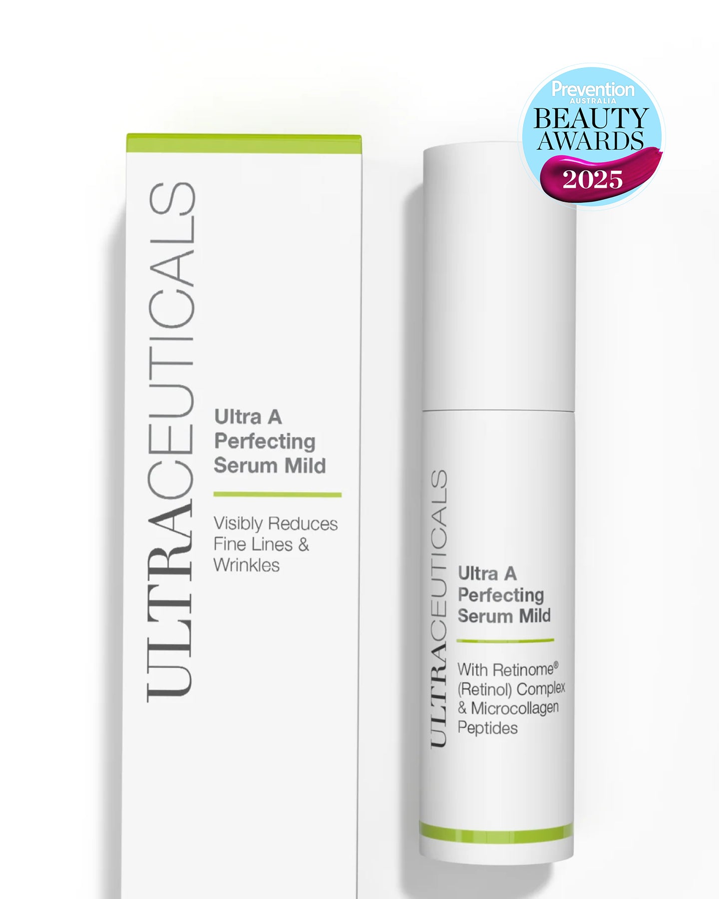 A bottle and box of Ultra A Perfecting Serum Mild, a retinol serum that targets wrinkles and fine lines using Retinol Complex and Microcollagen Peptides. The 2025 Prevention Beauty Awards badge is displayed.