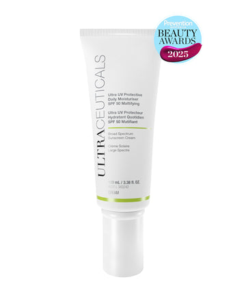 A white tube of Ultra UV Protective Daily Moisturiser SPF 50 Mattifying, a broad-spectrum sunscreen for oily skin with a matte finish (3.38 fl. oz.), featuring a Prevention Beauty Awards 2025 badge in the top right corner.