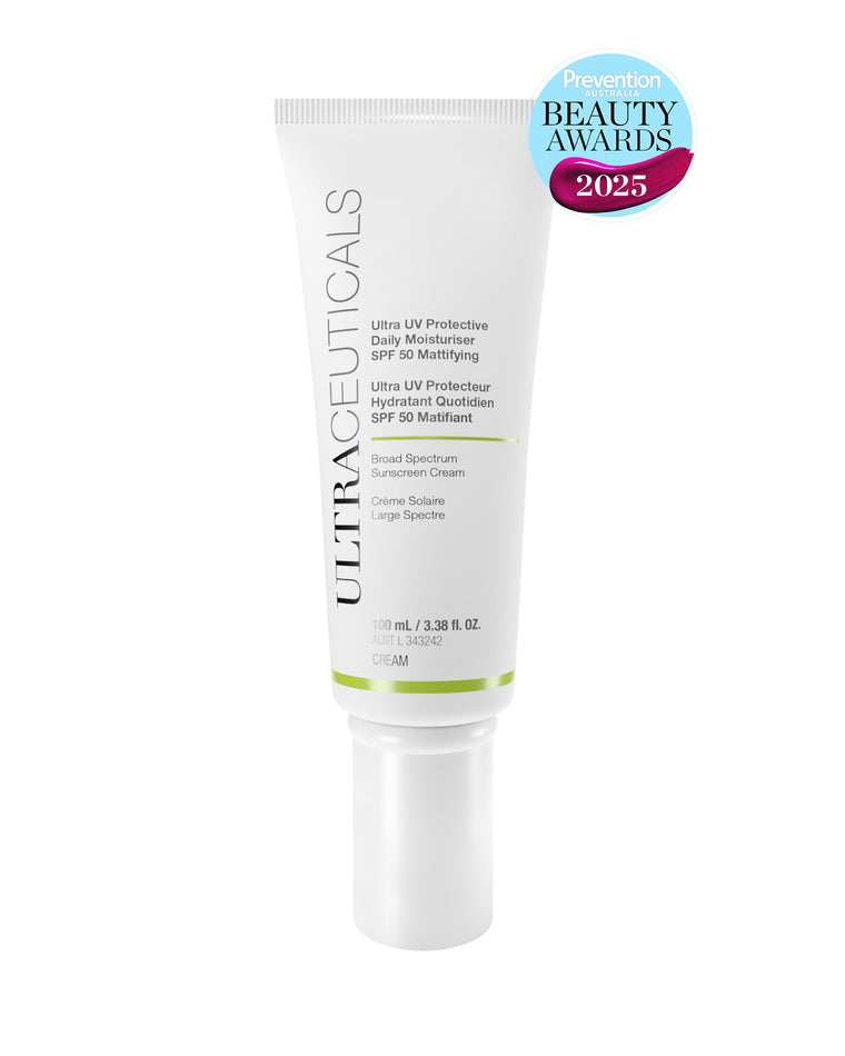 A white tube of Ultra UV Protective Daily Moisturiser SPF 50 Mattifying, a broad-spectrum sunscreen for oily skin with a matte finish (3.38 fl. oz.), featuring a Prevention Beauty Awards 2025 badge in the top right corner.