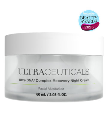 A 60 mL jar of Ultra DNA³ Complex Recovery Night Cream, featuring a white lid and labeled as a facial moisturizer to hydrate and support overnight skin recovery. A Prevention Beauty Awards 2025 badge is shown in the top right.