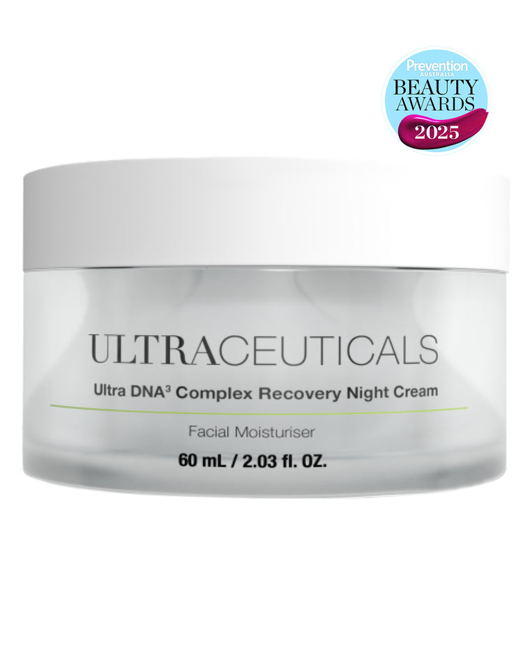 A 60 mL/2.03 fl. oz. jar of Ultra DNA³ Complex Recovery Night Cream, labeled as a facial moisturizer for overnight skin recovery, featuring a Prevention Beauty Awards 2025 badge in the top right corner.