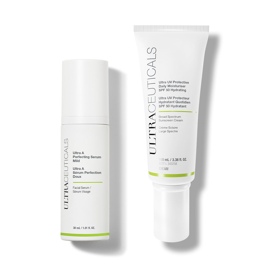 The Ultra A Renew & Protect Set features the Ultra A Perfecting Serum Mild and the Ultra UV Protective Daily Moisturizer Hydrating SPF 50, both with sleek black text.