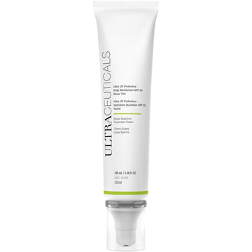 A white tube of Ultra UV Protective Daily SPF30 Sheer Tint sunscreen with a clear cap, black and green text, and a vertical logo on the left side.