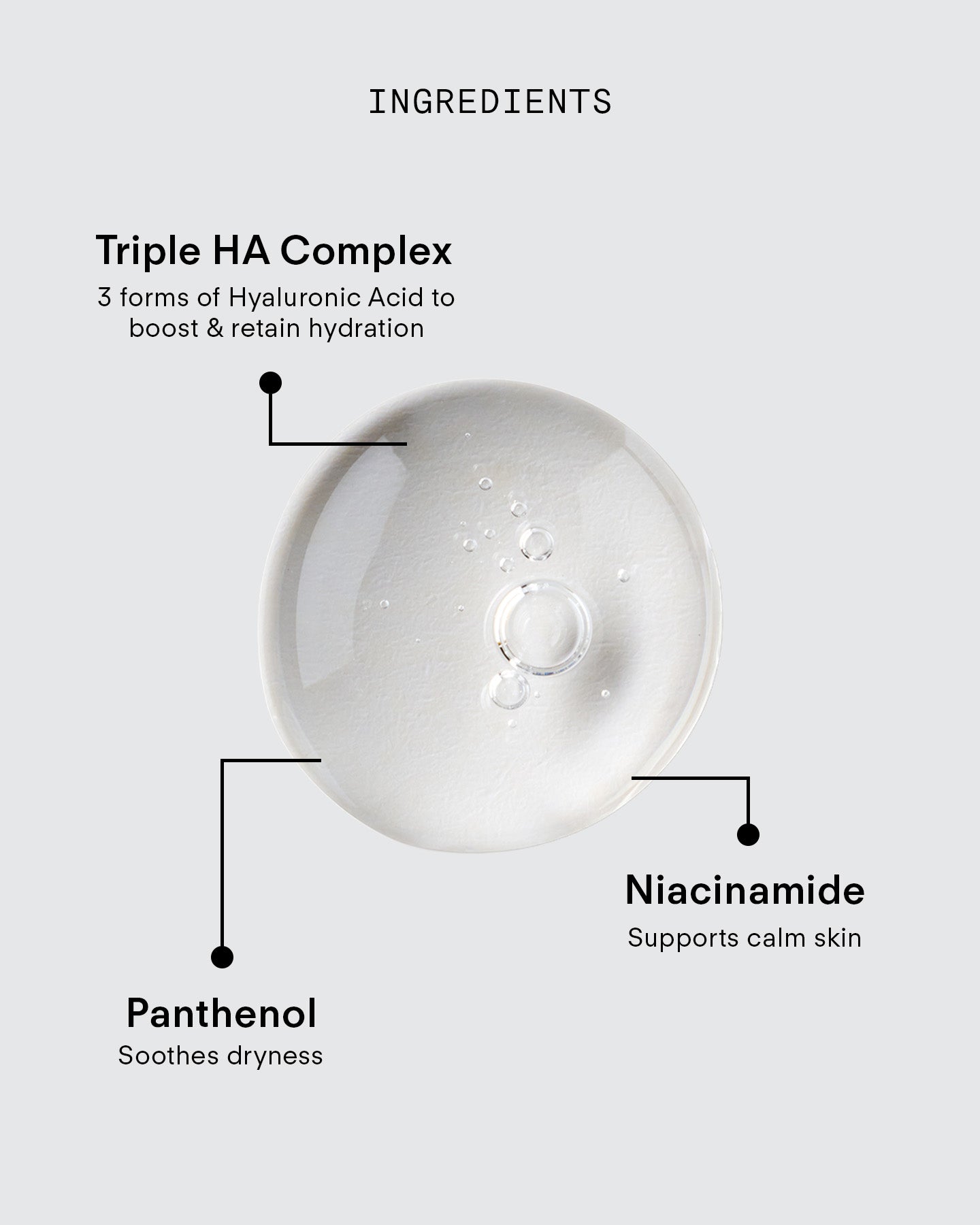 Ultra B² Hydrating Serum 10mL is shown as a clear gel droplet with labeled ingredients: Triple HA Complex for hydration, peptides to relieve dryness, and niacinamide for calm skin. Text appears on a light gray background.