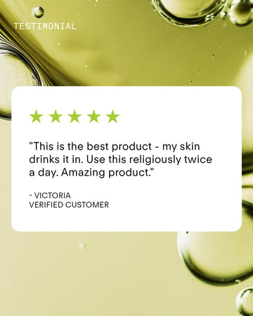 Victoria, a verified customer, gives five green stars to Ultra B² Hydrating Serum 10mL, praising its peptide-rich formula for improving her skin when used twice daily. Displayed on a yellow-green background with oil droplets.