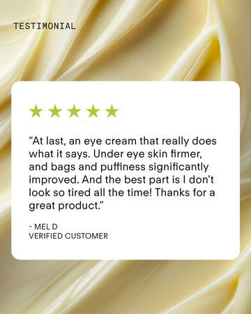 Customer testimonial with five green stars praising Ultra C Firming Eye Cream for reducing under-eye bags, puffiness, tired appearance, and boosting skin elasticity, over a background of creamy lotion.
